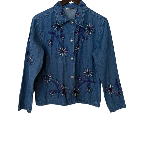 Vintage 1980s Denim Jean Long Sleeve Embroidered Collared Full Button Jacket L - Picture 8 of 8